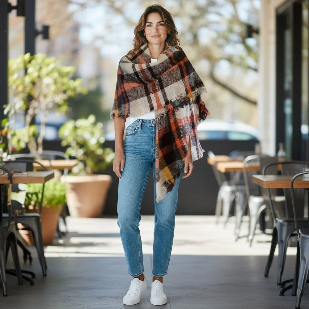 Tartan Plaid Blanket‎ Scarf Shawl Wrap Orange Ivory Dark Brown Cozy Cottagecore
